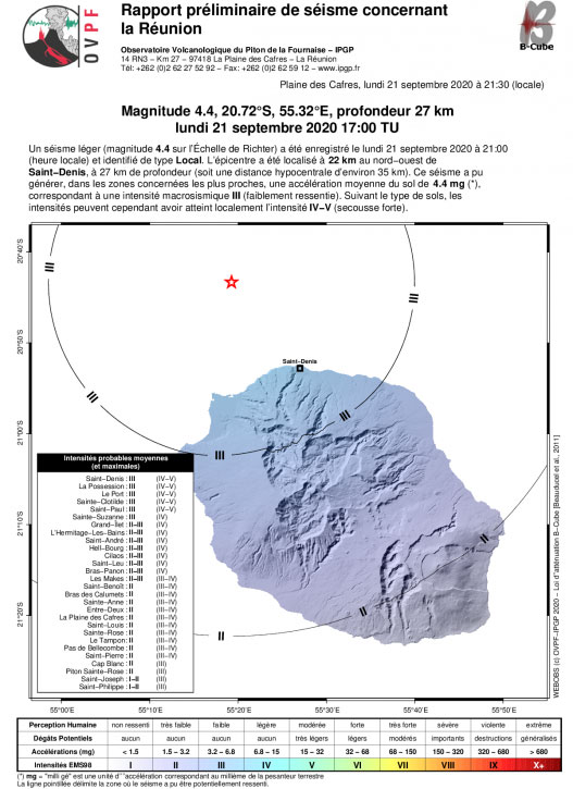 Rapport préliminaire du séisme du 21 septembre 2020 (Source : OVPF).
