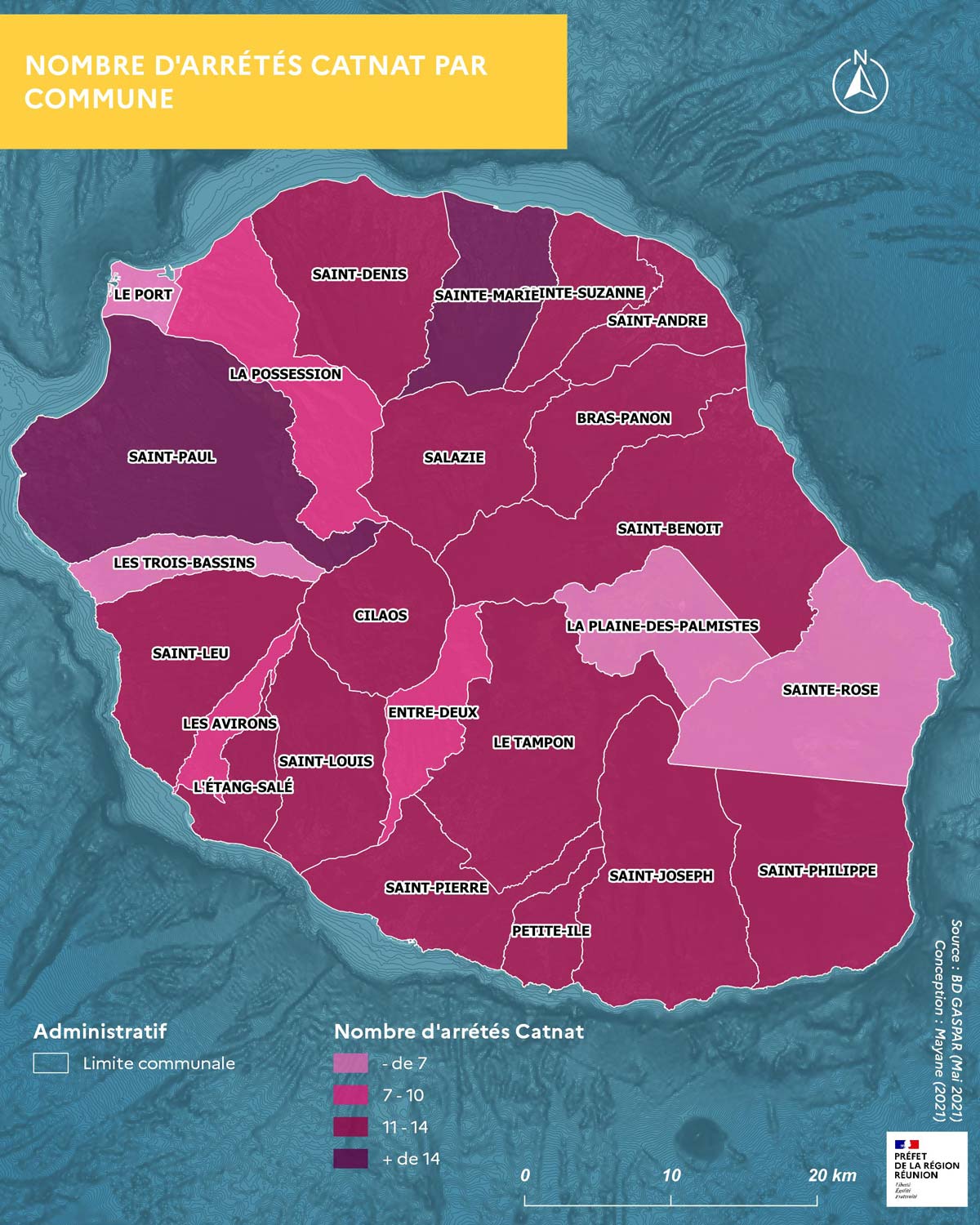 Carte du nombre d’arrêtés Catnat par commune à la Réunion.