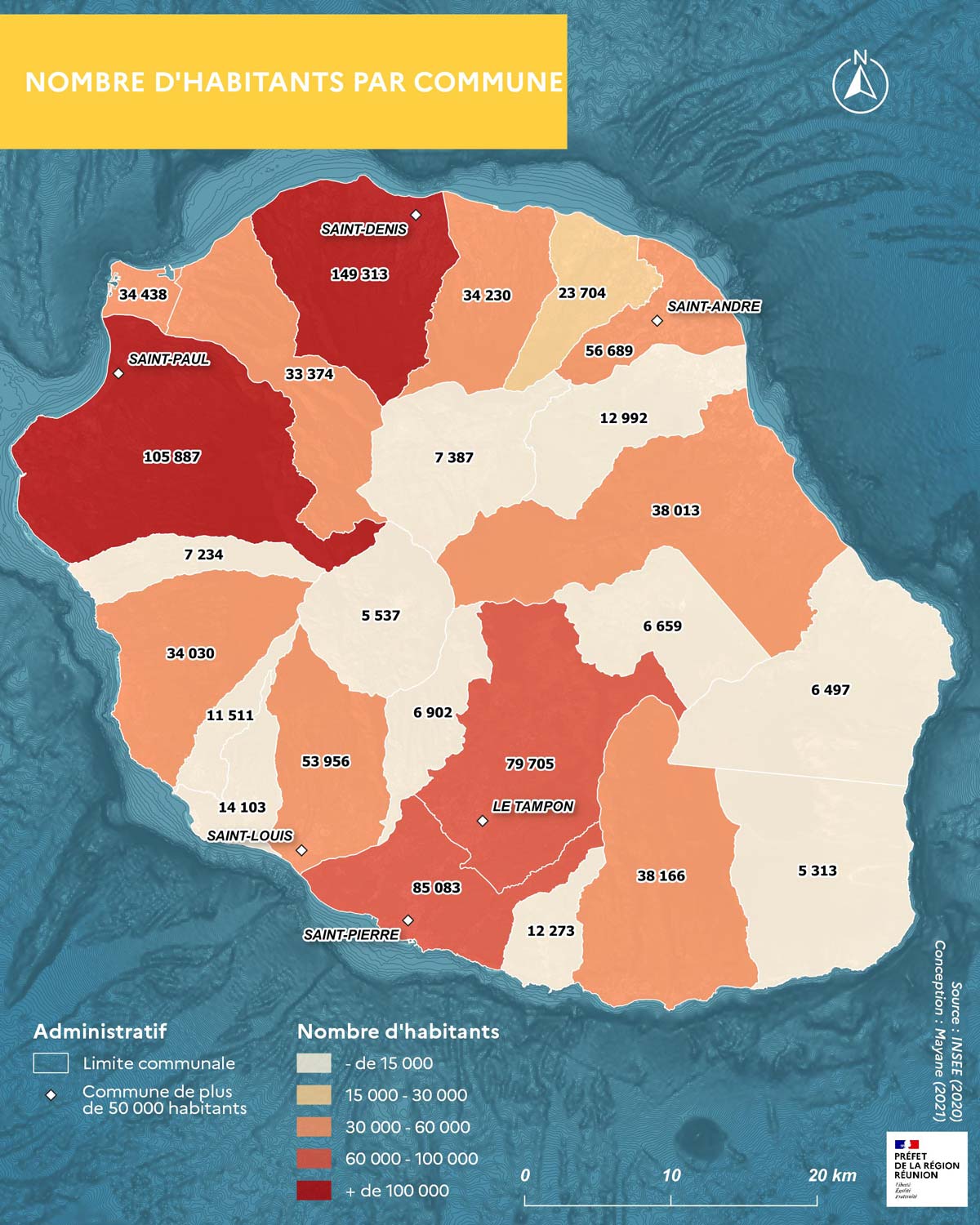 Carte de la répartition de la population à La Réunion.