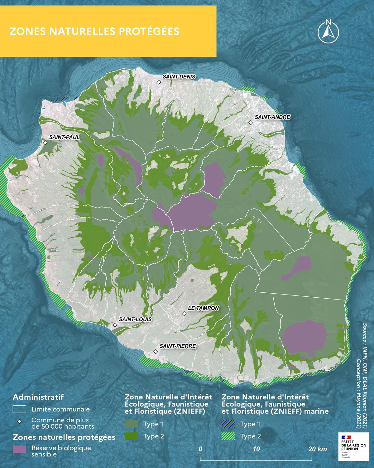 Carte des zones naturelles protégées à La Réunion.