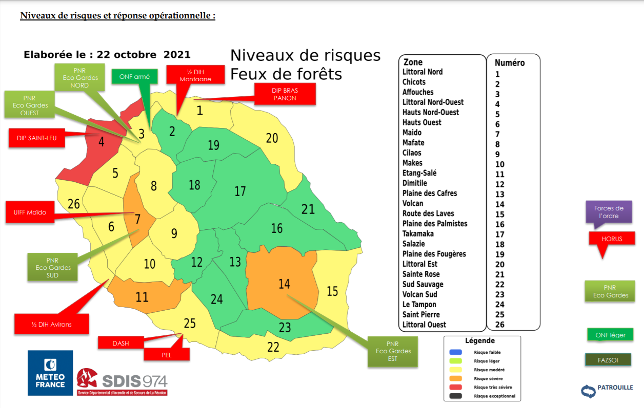 Carte de vigilance pour le risque de feu de forêt (Sources : Météo-france / SDIS 974) .