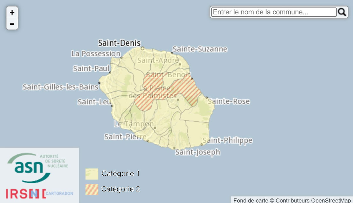 Carte du potentiel radon des communes de La Réunion.