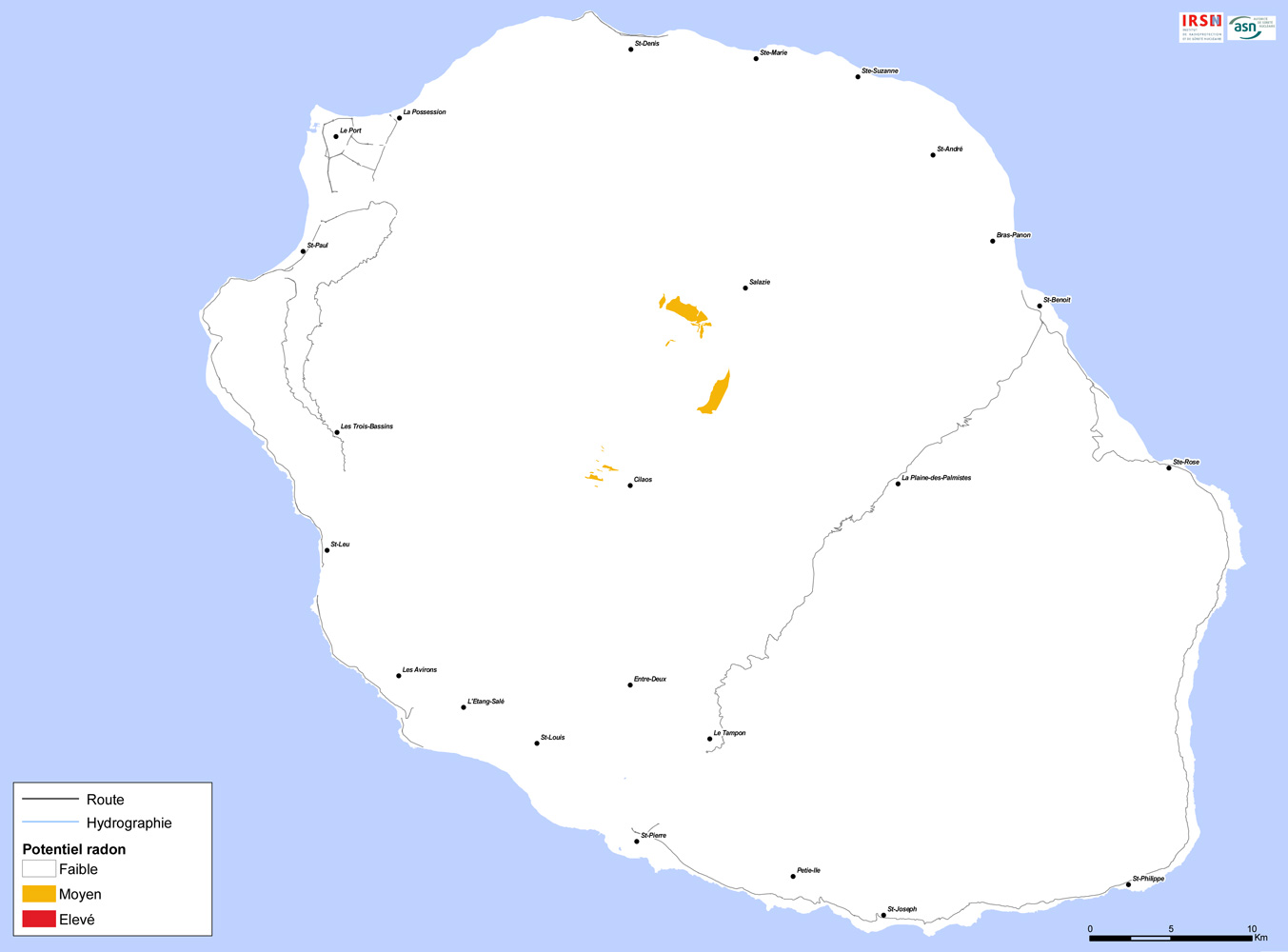 Carte du potentiel radon des formations géologiques de La Réunion.
