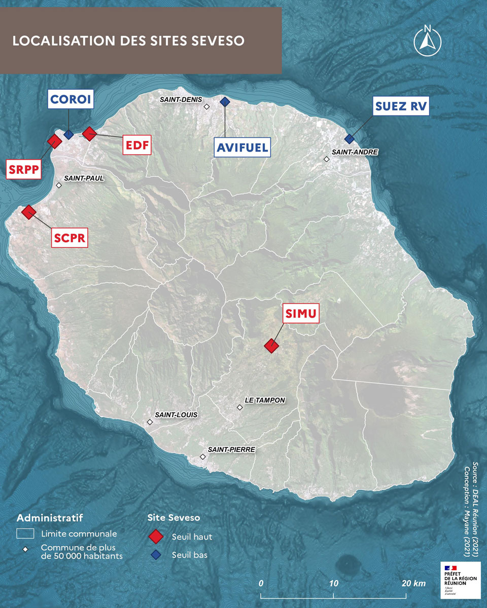 Carte de localisation des différents sites Seveso à La Réunion.