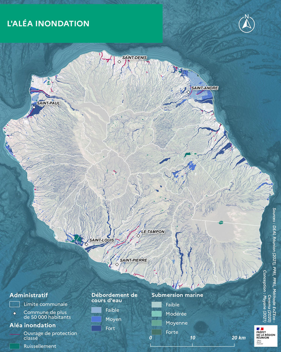 Carte de l'aléa inondation à La Réunion.
