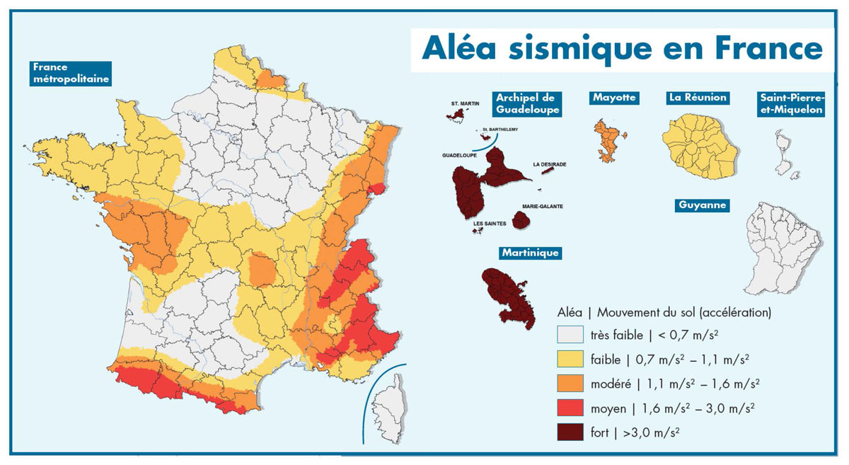 Zonage sismique de la France d'après l'article D. 563-8-1 du Code de l'environnement (Source : CCR,2016). 